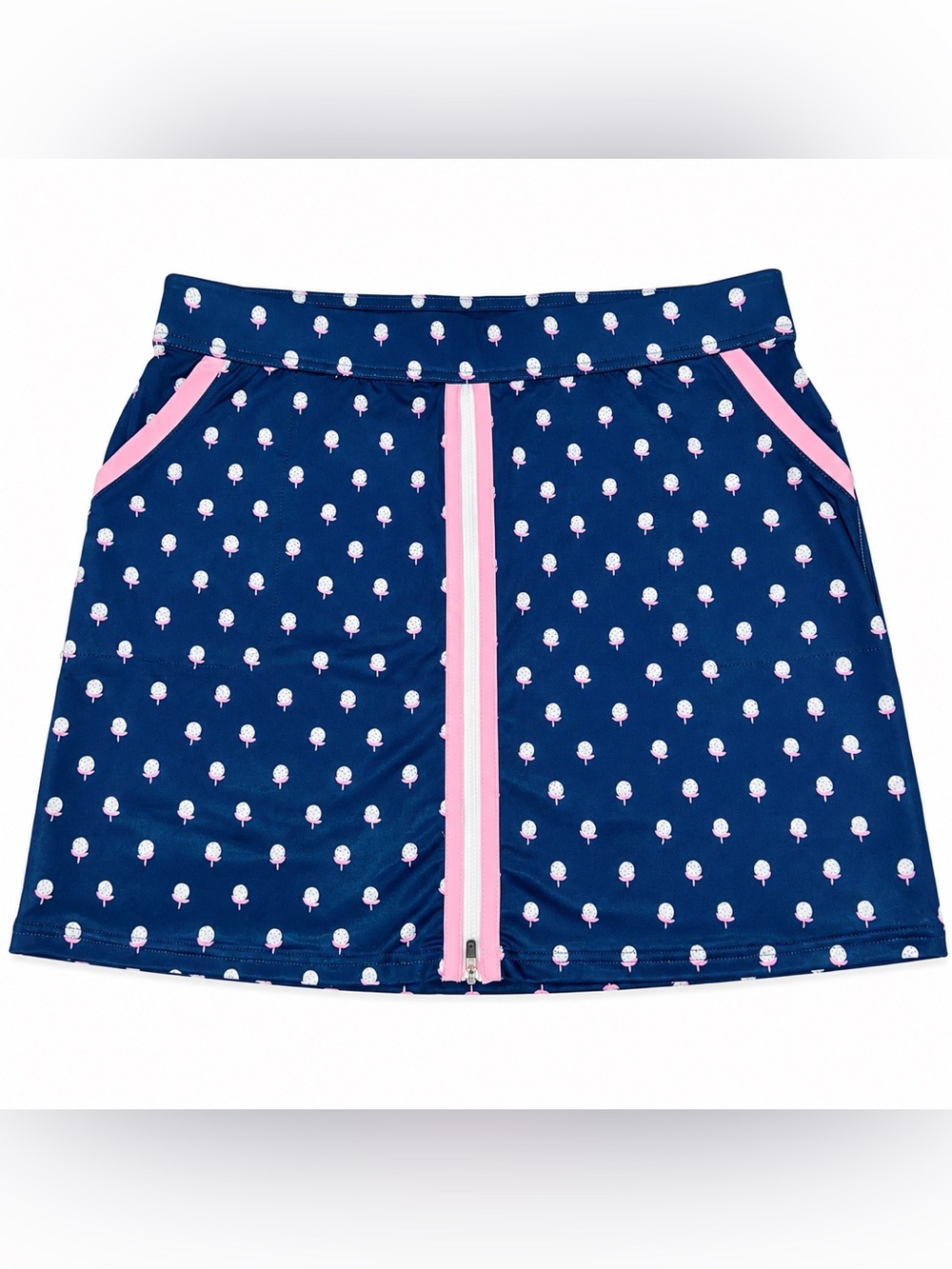 Belyn Key Golf Skort Womens size XL Navy Pink Golf Ball Print Full Zip Front